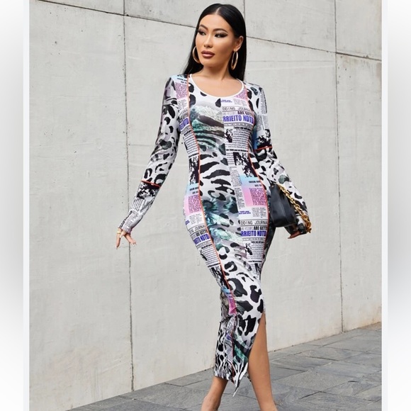 SHEIN Dresses & Skirts - EUC B&W Newspaper Leopard Print SHEIN Brand Long Sleeve Size XL X-Large 12 Dress